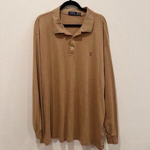 Men’s Vtg Polo Ralph Lauren Cotton Long Sleeve Polo Shirt Tan Size L